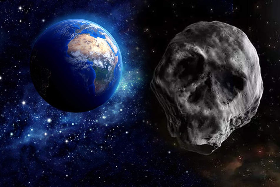 Bildmontage: Der sogenannte Totenkopf-Asteroid schrammt erneut an der Erde vorbei.