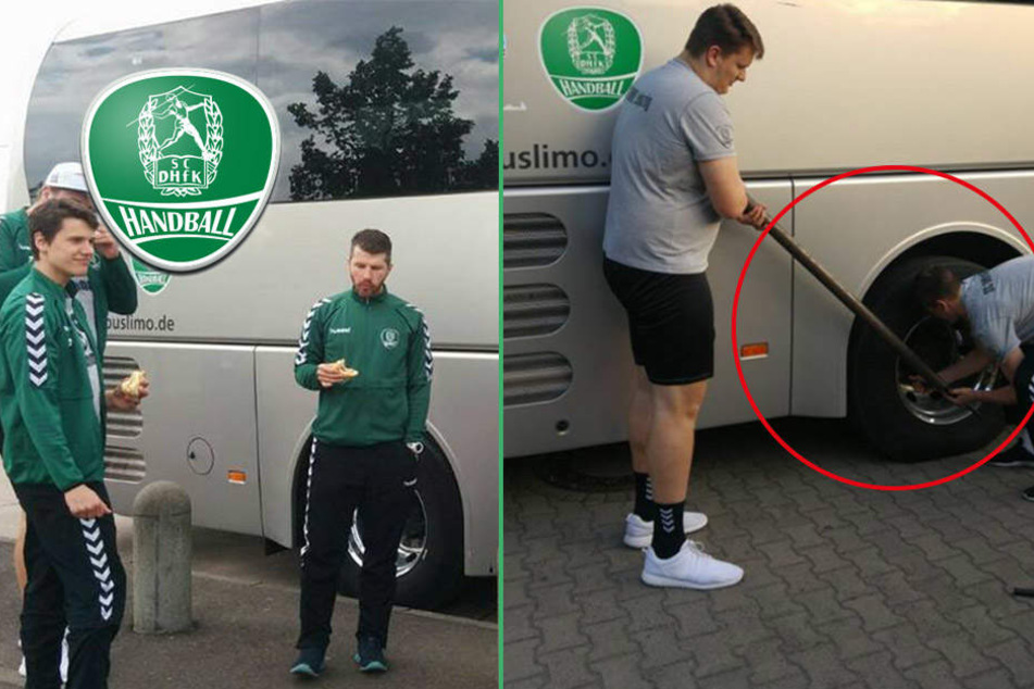 Anpacken ist angesagt! Tom Scholz (2.v.r.) zieht die Radmuttern des Busses nach der Panne fest.