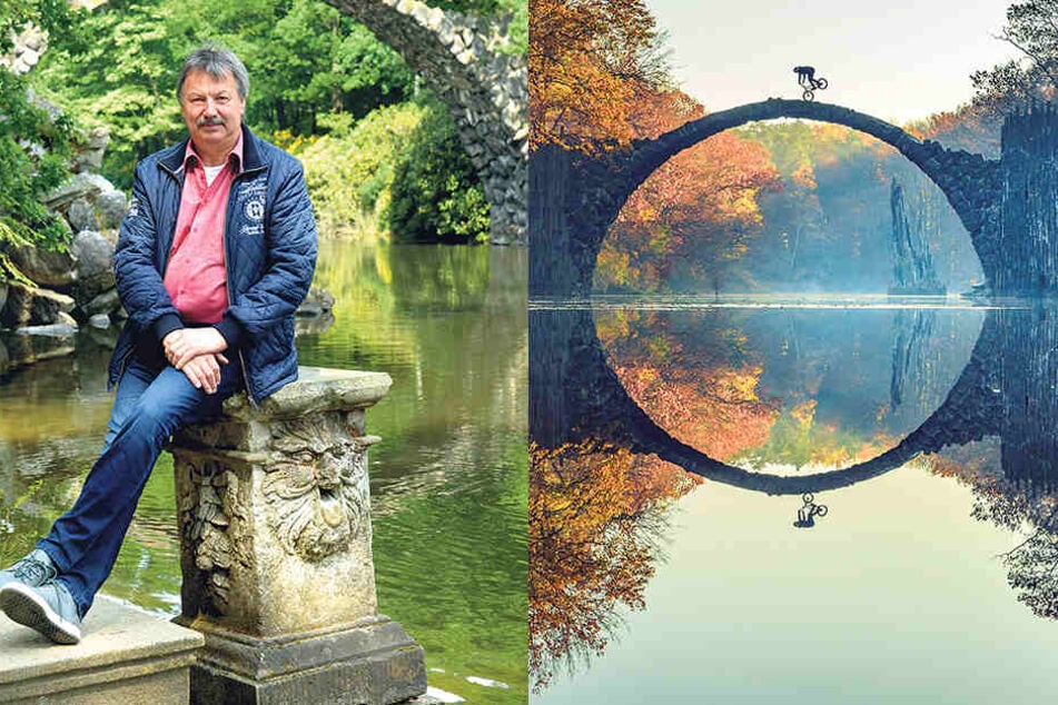Dieses verbotene Bild eines Radfahrers auf der „Teufelsbrücke“ gewann den Redbull Illume Award. Dietmar Noack (62, CDU, li.) kann sich über das Sieger-Bild gar nicht freuen.