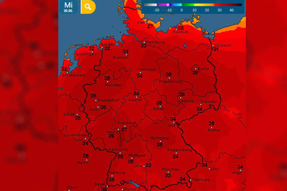 Die Farbe Rot signalisiert oft nichts Gutes - so auch hier: Ganz Deutschland wird nächste Woche mit einer heftigen Hitzeperiode zu kämpfen haben.