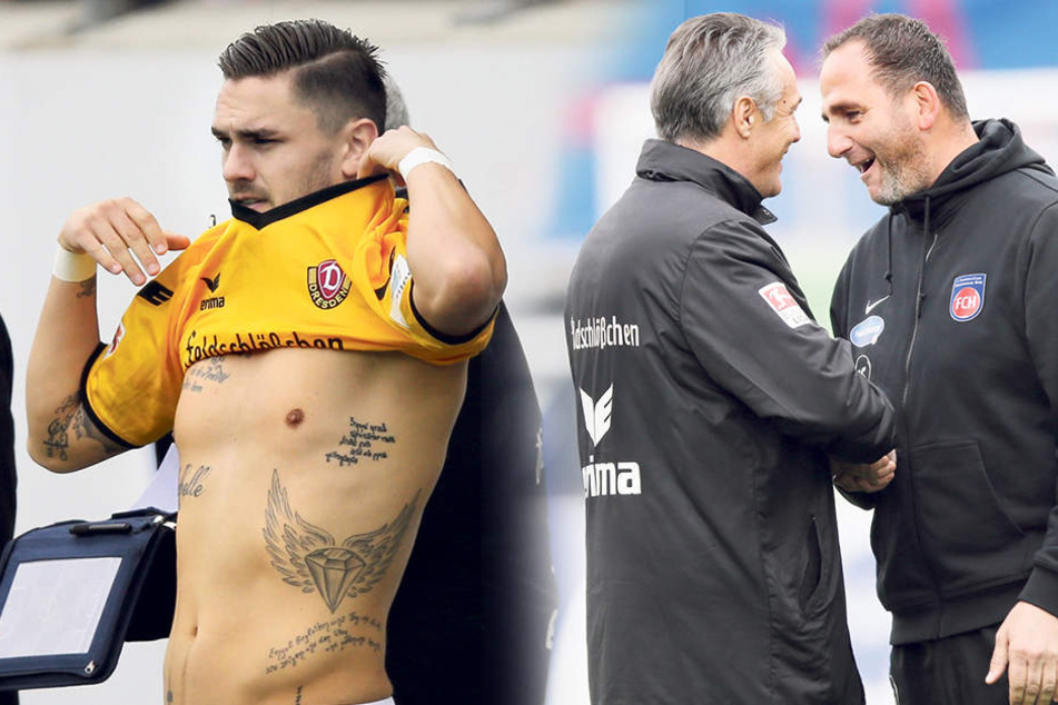 Am Dienstag darf Pascal Testroet (li.) sein Trikot vielleicht schon von Beginn an überziehen. Am Ende waren beide nicht unzufrieden:Dynamo-Trainer Uwe Neuhaus (2. v. l.) und FCH Coach Frank Schmidt.