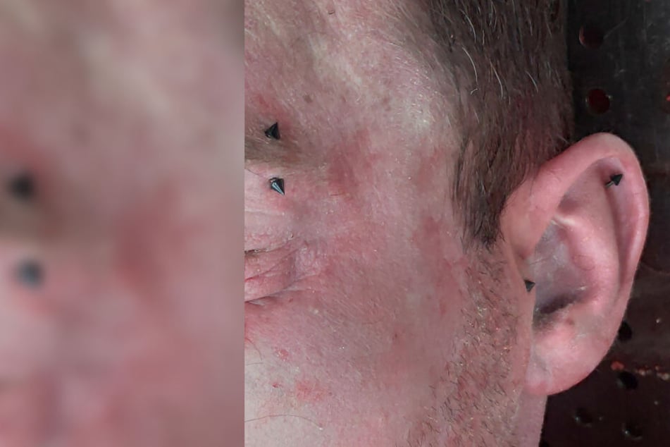 Der Mann trug Piercings an Augenbrauen und Ohren.