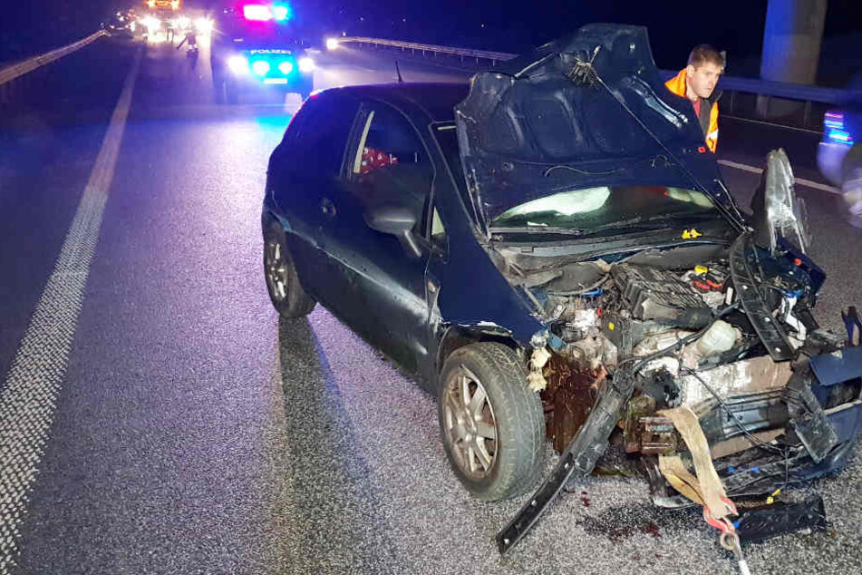 Das Front des Autos ist nach dem Zusammenprall mit den Tieren stark beschädigt.