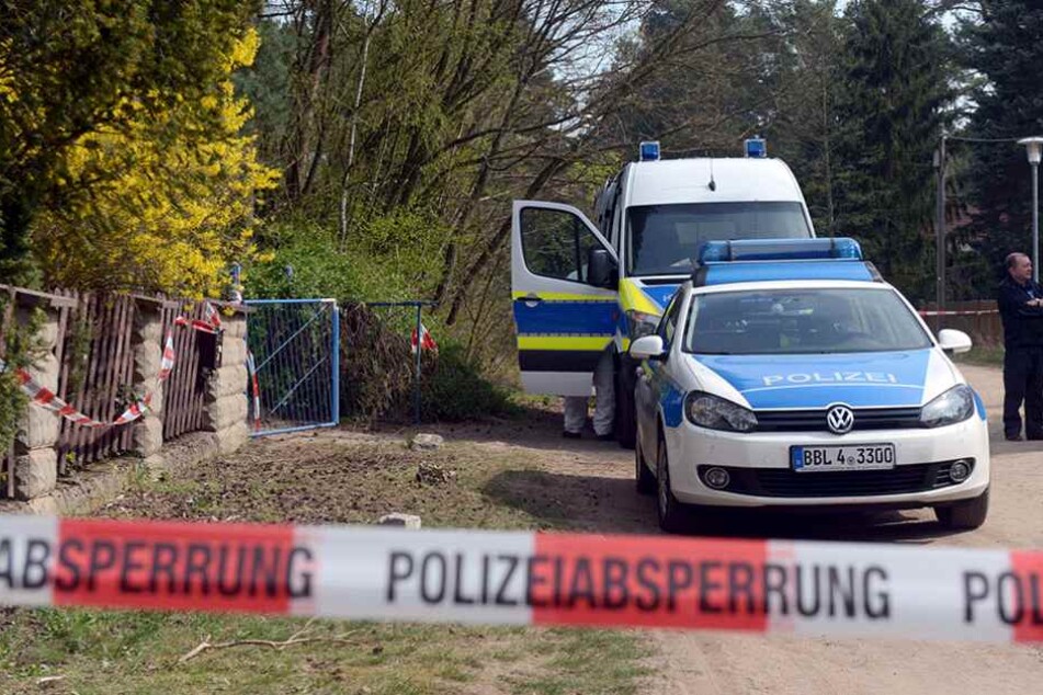 Polizeiautos stehen vor dem Grundstück auf dem die Leichenteile gefunden wurden.