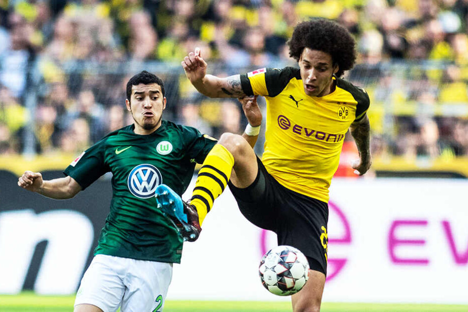 BVB-Mittelfeldmann Axel Witsel (r.) schirmt den Ball gegen Wolfsburgs William ab.