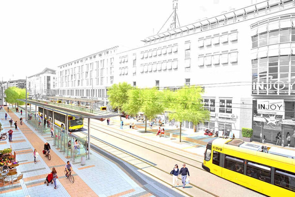 So soll die neue autofreie Zentralhaltestelle an der Kesselsdorfer Straße aussehen.