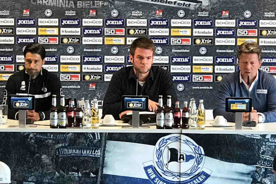 MSV-Coach Ilia Gurev (47, li.) und Jeff Saibene (48) analysierten auf der anschließenden Pressekonferenz die Partie.