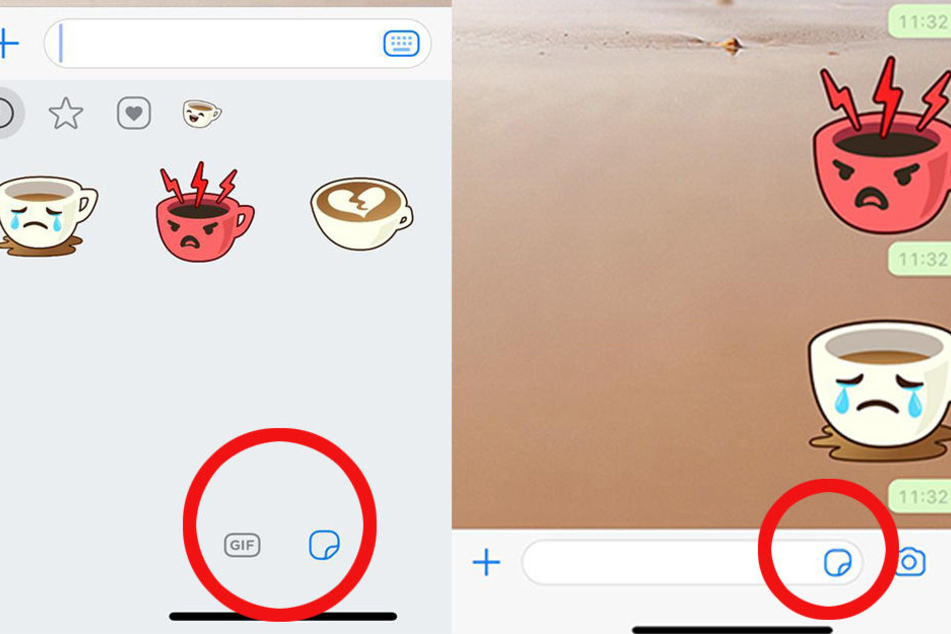 Über das Textfeld gelang man über ein kleines Symbol am rechten Rand (re.) zur Sticker-Funktion. Dort angelangt, kann man am unteren Bildrand zu den GIFs wechseln (li.).