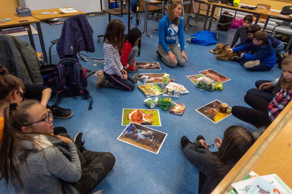Die Tierschutzlehrerin Melanie Reiner, Geschäftsführerin Animals United, gibt in der Schul-Tierschutz-AG einer Mittelschule eine Unterrichtsstunde.