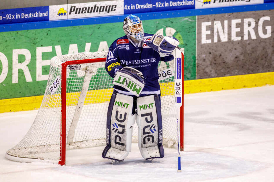 Marco Eisenhut ist in letzter Zeit richtig gut aufgelegt, doch vor seinem Tor agieren die Dresdner Eislöwen zu nachlässig.