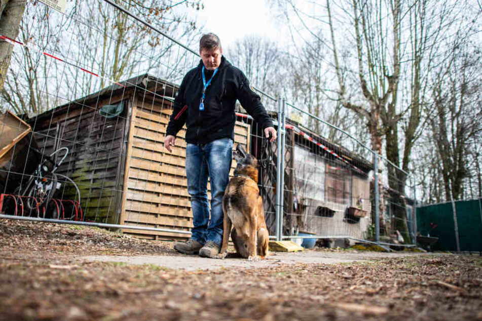 Der Diensthundeführer Jörg Siebert steht mit seinem Belgischen Schäferhund Artus auf dem Campingplatz Eichwald in Lügde.