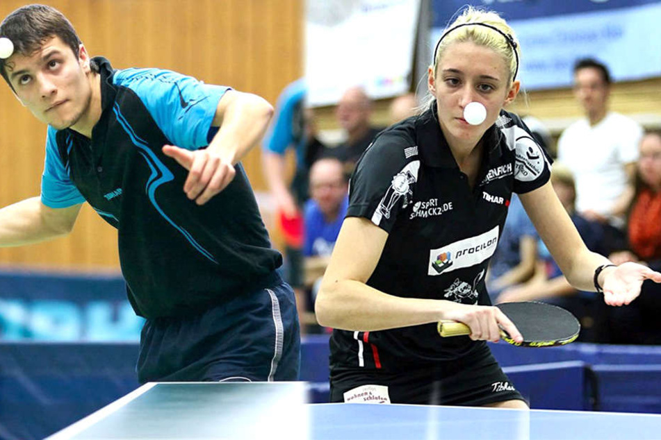 Gleich wird geschnippelt: Carlos hoch konzentriert bei der Angabe in einem Bundesliga-Spiel (F.l.). Rechts: Kathrin Mühlbach spielt schon seit Jahren auf einem Top-Niveau, will auch als junge Mutter noch etwas weitermachen