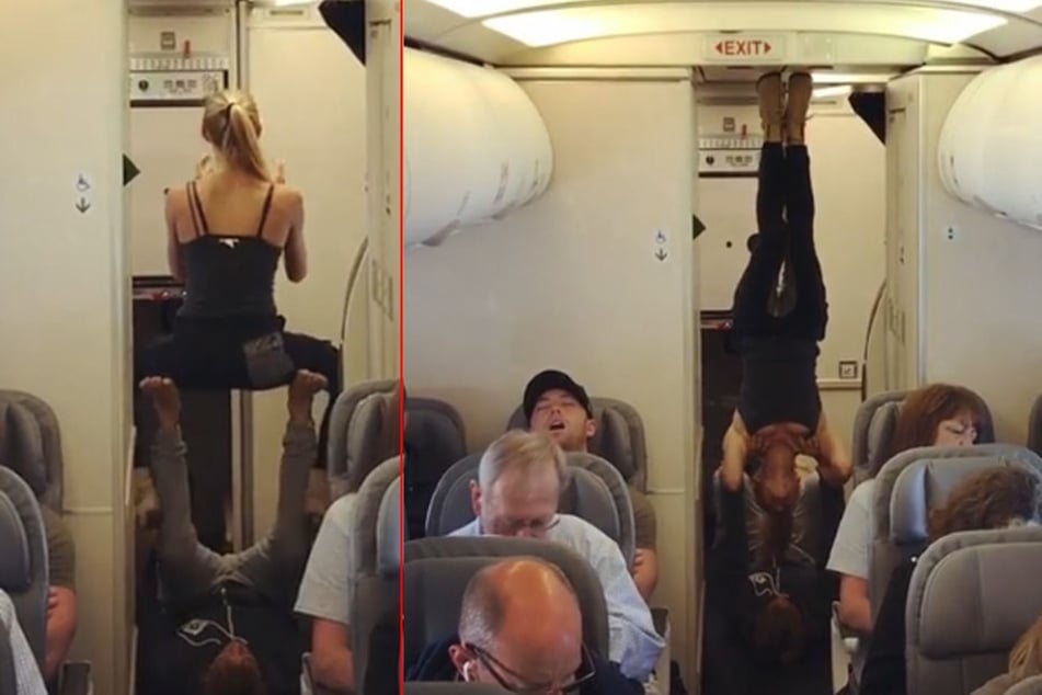 Die beiden Yoga-Verrückten nutzten die Zeit im Flieger für ein Workout.