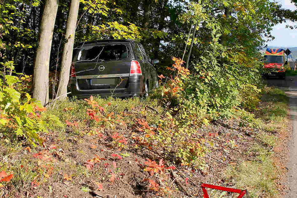 Der Opel ist von der Fahrbahn abgekommen und in den Wald gefahren.