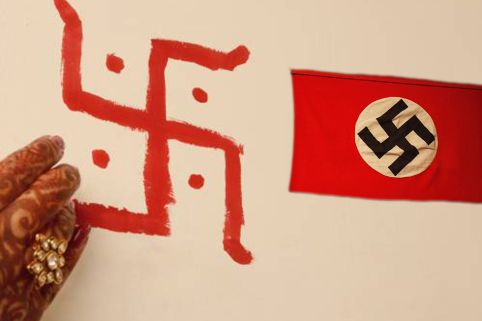 Zum Vergleich: Links das Zeichen der Hindus, rechts das Nazi-Hakenkreuz.