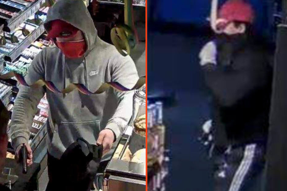 Der Haupttäter bedrohte den Kassierer und gab ihm den Rucksack. Rechts sein ebenfalls vermummter Komplize.