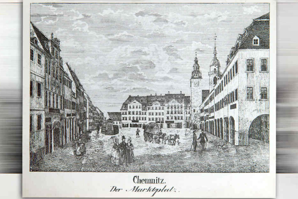 Der Marktplatz in altem Gewand. Die Anordnung der Gebäude blieb bis heute gleich.