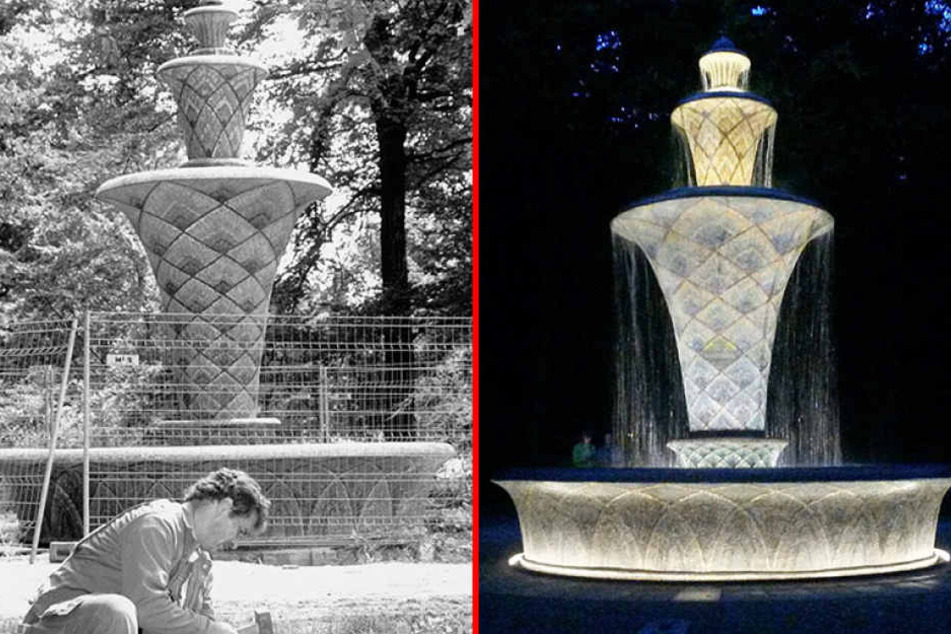 Damals und heute: Schon in der Vergangenheit war der Mosaikbrunnen immer wieder ein
„Patient“.