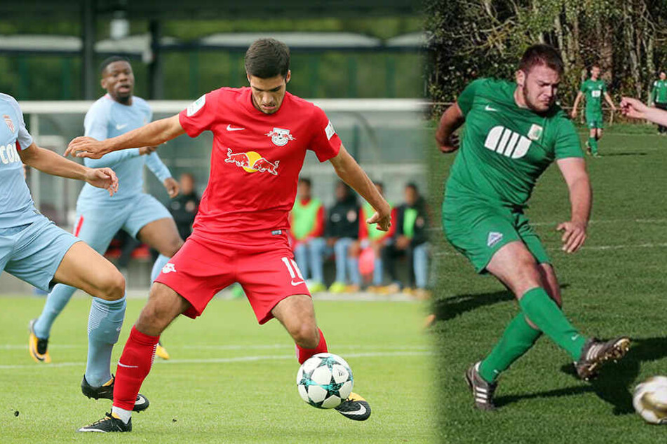 Elias Abouchabaka (RB, rotes Trikot) feierte einen 4:2-Sieg beim Stadtrivalen BSG Chemie Leipzig (hier: Fabio Slaby, grünes Trikot).