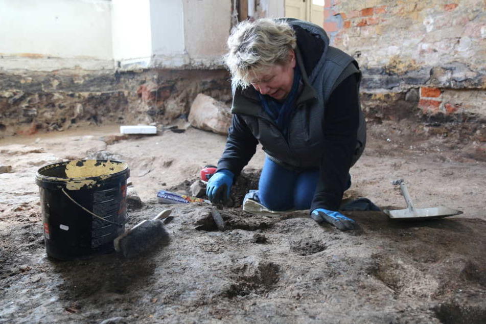 Die Grabungstechnikerin Cornelia Schnabel untersucht mit einer Kelle den Untergrund im Gewandhaus Zwickau.