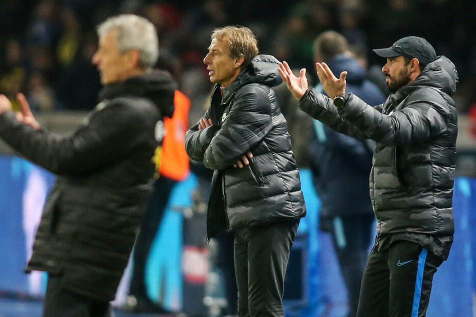 Berlins Cheftrainer Jürgen Klinsmann (m) und Co-Trainer Alexander Nouri (r) stehen gestikulierend am Spielfeldrand.