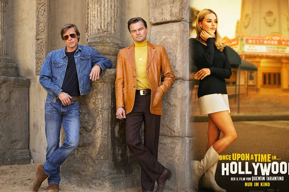 Spielen wichtige Rollen in den letzten Zügen von Hollywoods goldenem Zeitalter: Sharon Tate (r., Margot Robbie), Rick Dalton (M., Leonardo Di Caprio) und Cliff Booth (Brad Pitt). (Bildmontage)