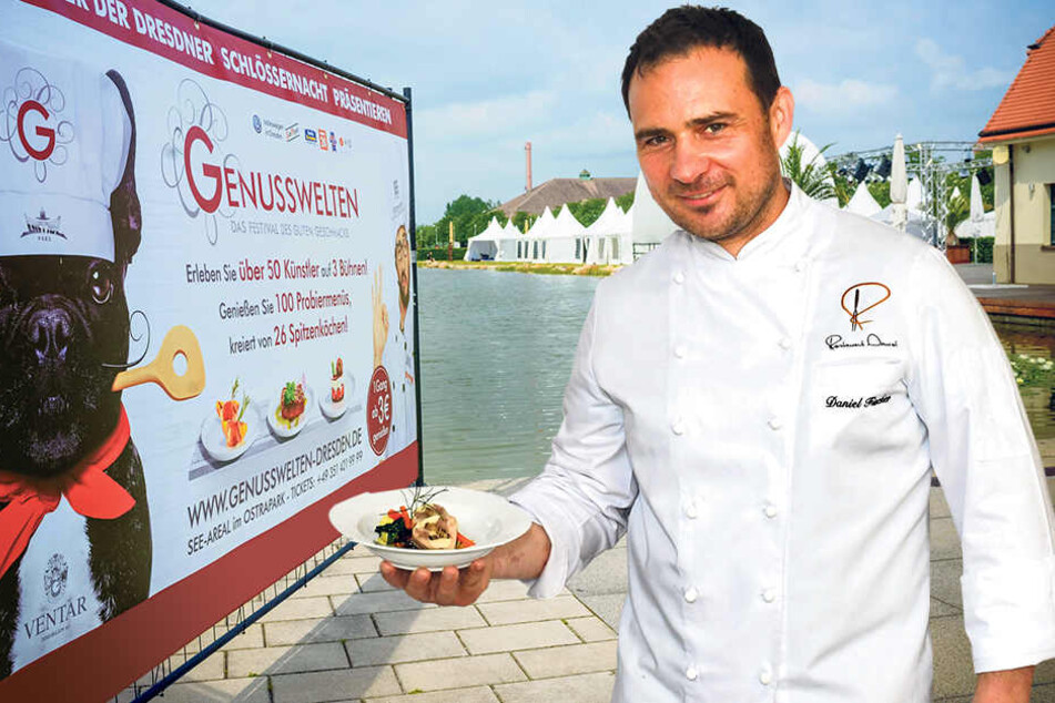 Bei den „Genusswelten“
mit dabei: der
Dresdner Koch Daniel
Fischer (44). Ob bei
ihm ein Häppchen
für Maskottchen Paul
abfällt?