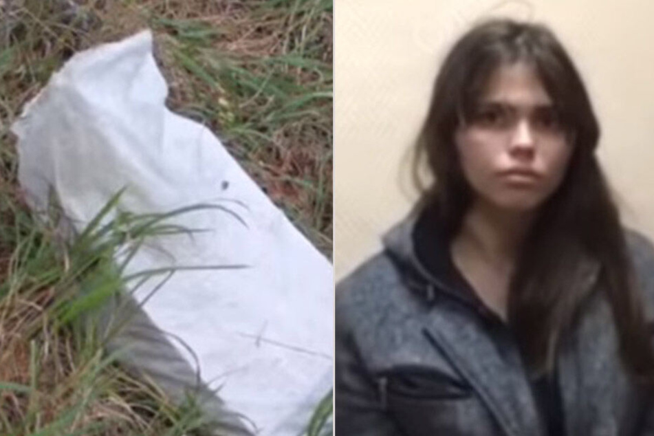 links: In dieser Tüte wurde das tote Baby gefunden. rechts: Viktoria Ajmitdinova wandert lebenslänglich ins Gefängnis.