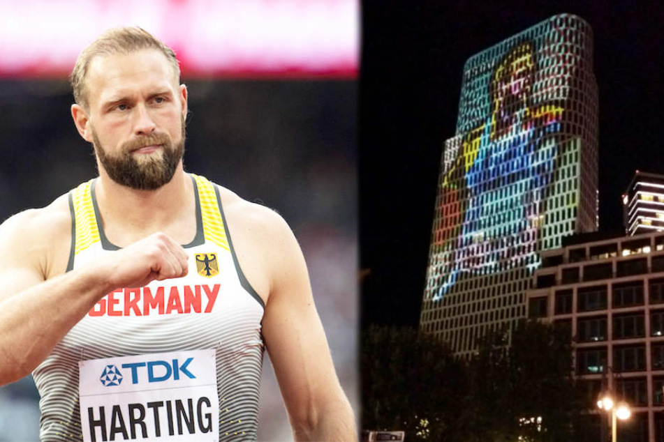 Diskus-Legende Robert Harting (33) beim Wettkampf und an der Berliner Hochhaus-Fassade.