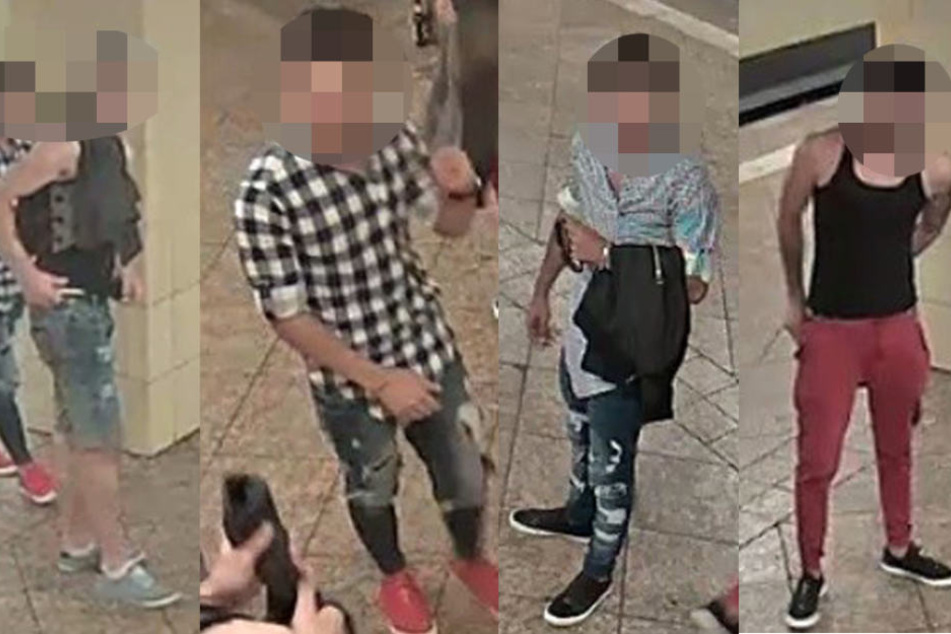 Täter 1 (v.l.n.r.), Täter 2, Täter 3 und Täter 4 auf dem Bahnsteig der U7 in Berlin-Neukölln.