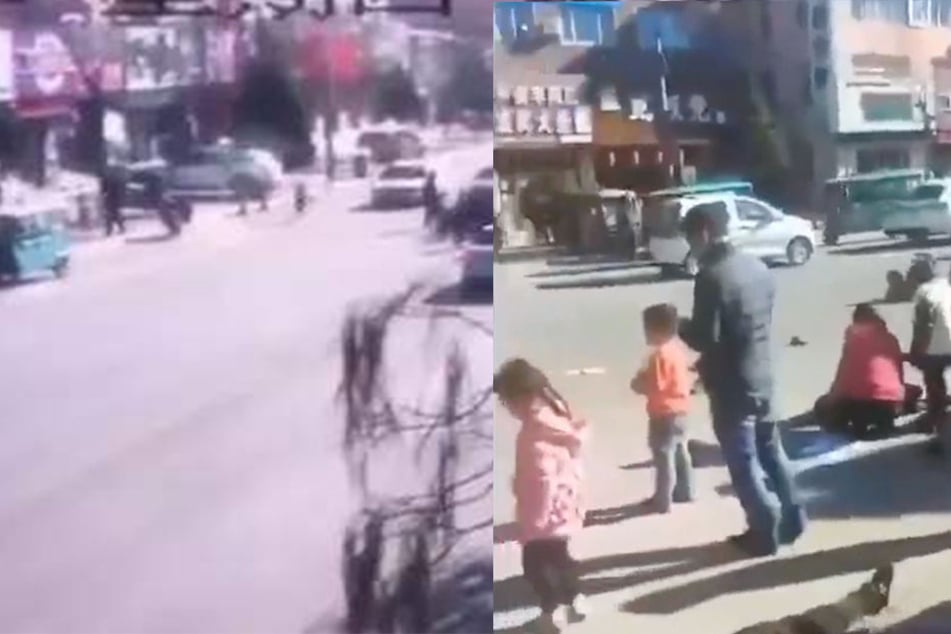 Videoaufnahmen einer Überwachungskamera, die in sozialen Netzwerken geteilt wurden, zeigten ein dunkles Auto, das in die Kindergruppe fuhr.