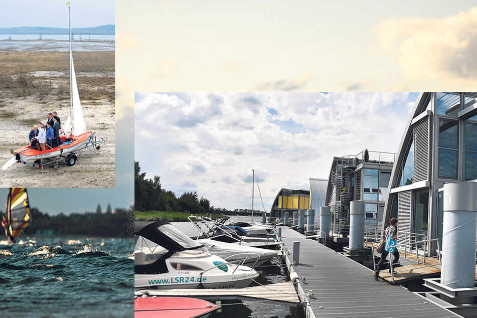 Urlaub wie im Süden: An diesem Steg im Geierswalder
See dümpeln Leihboote und Ferienhäuser.