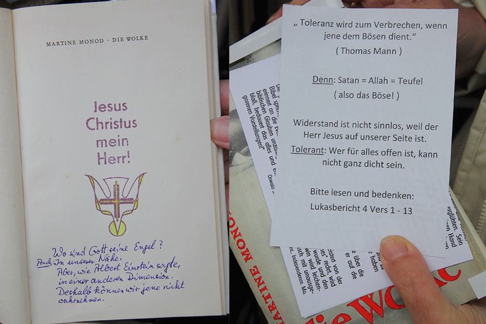 Links: Handschriftlich sind die religiösen Botschaften in die Werke hineingeschrieben. Rechts: „Satan=Allah=Teufel“: Von Religionsfreiheit hält der Verfasser offenbar
wenig.