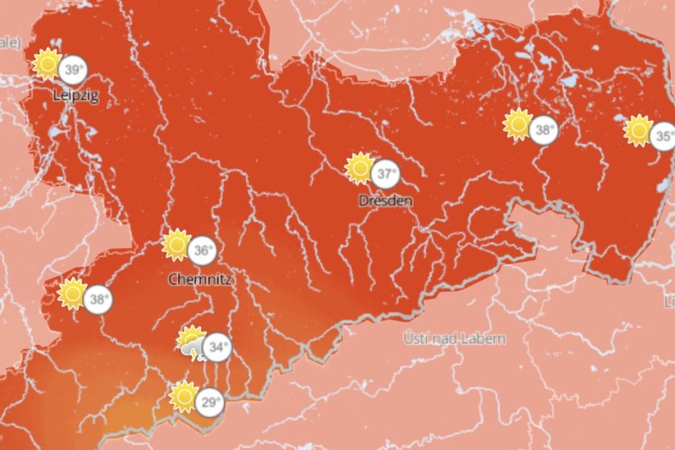Die Wetterkarte für Mittwoch: Die Temperaturen sollen zum Beispiel in Leipzig auf 39 Grad klettern.