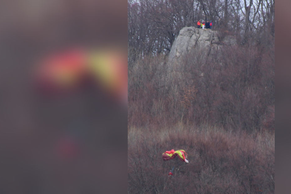 Szene am Samstag: Oben die Retter, unten der 60-Jährige, der im Baum hängt.