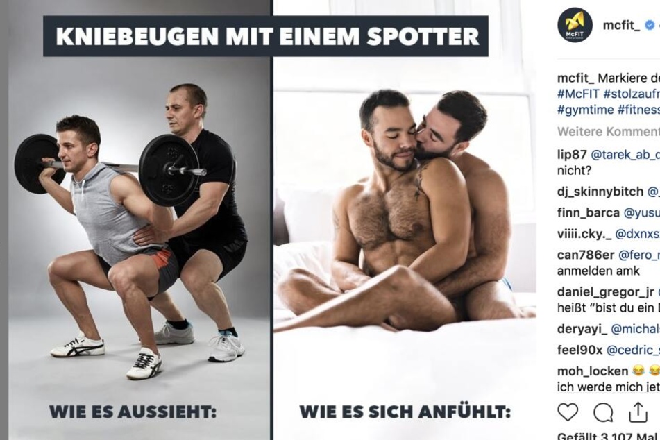 Ein Spotter (Unterstützer beim Sport) hilft bei Kniebeugen. Dies soll sich ähnlich anfühlen wie homosexuelle Liebe, meint McFIT.