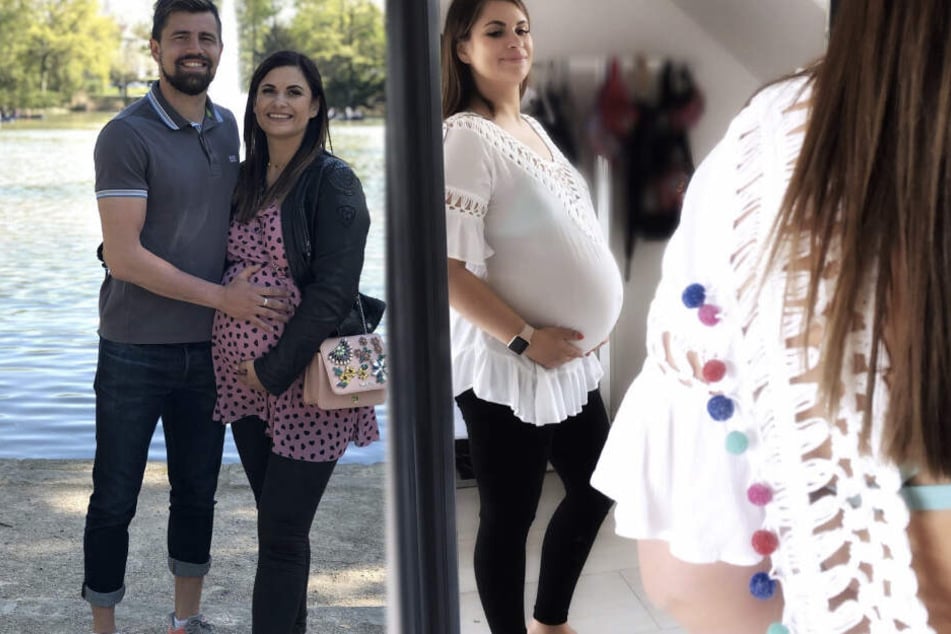 Stolz präsentiert Benny Kirsten den Baby-Bauch seiner hochschwangeren Frau.