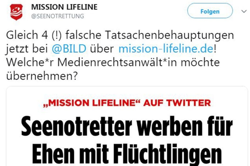 Bei der "Mission Lifeline" regt man sich mächtig über die Reaktion auf den provokanten Tweet auf.