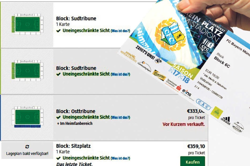 Normal bezahlen
die
Fans für
Stehplatztickets
(o.r.)
moderate 19
Euro. In der
Ticketbörse
„Viagogo“
werden die
Karten mittlerweile
für
horrende
308,35 Euro
angeboten.
Der Verein
warnt vor
diesen Wucher-Preisen.