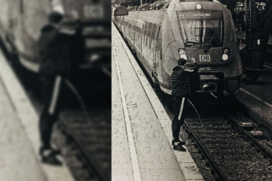 Mit erhobenem Mittelfinger pinkelte der Mann direkt am Bahnsteigrand auf die Gleise.