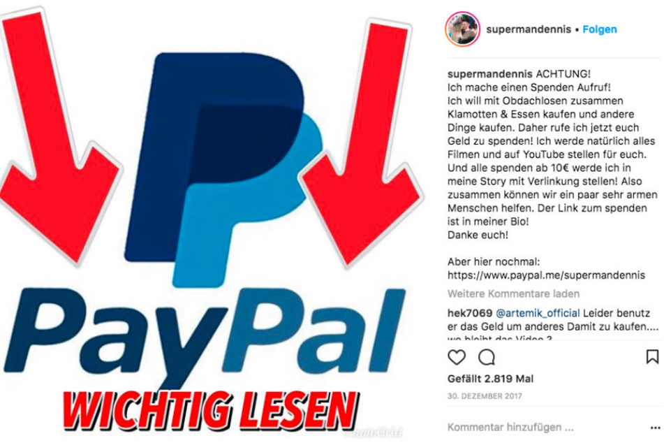 Mit diesem Instagram-Post rief Dennis zum Spenden auf. Aber was ist daraus geworden?