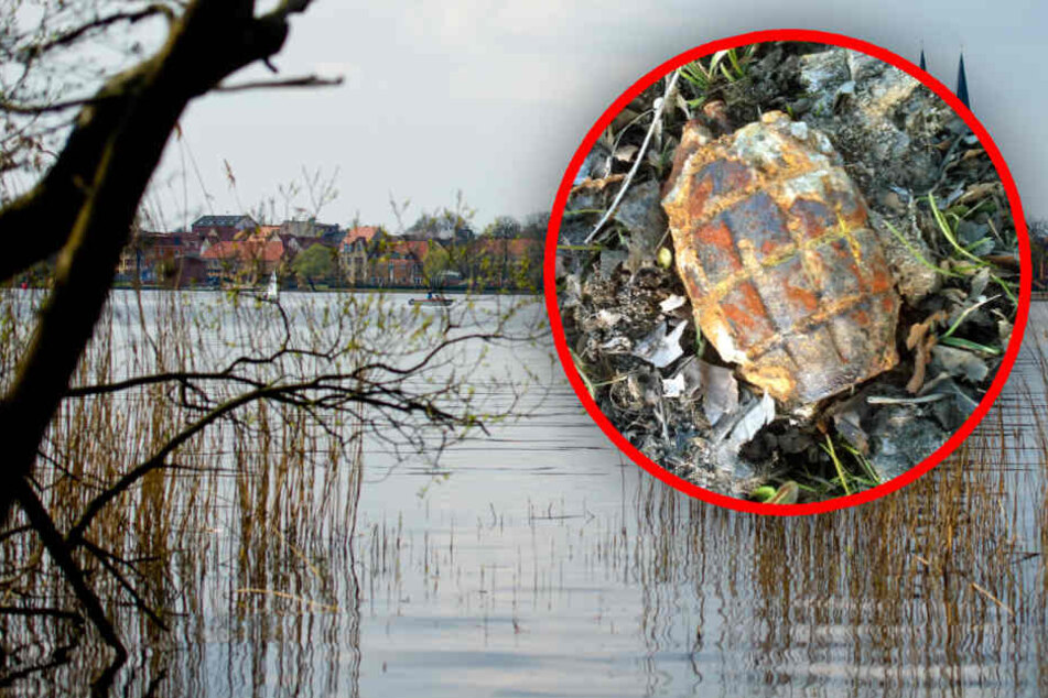 Am Ufer des Ruppiner Sees bei Wustrau nahe Neuruppin stieß der Mann auf die Granate (Bildmontage).