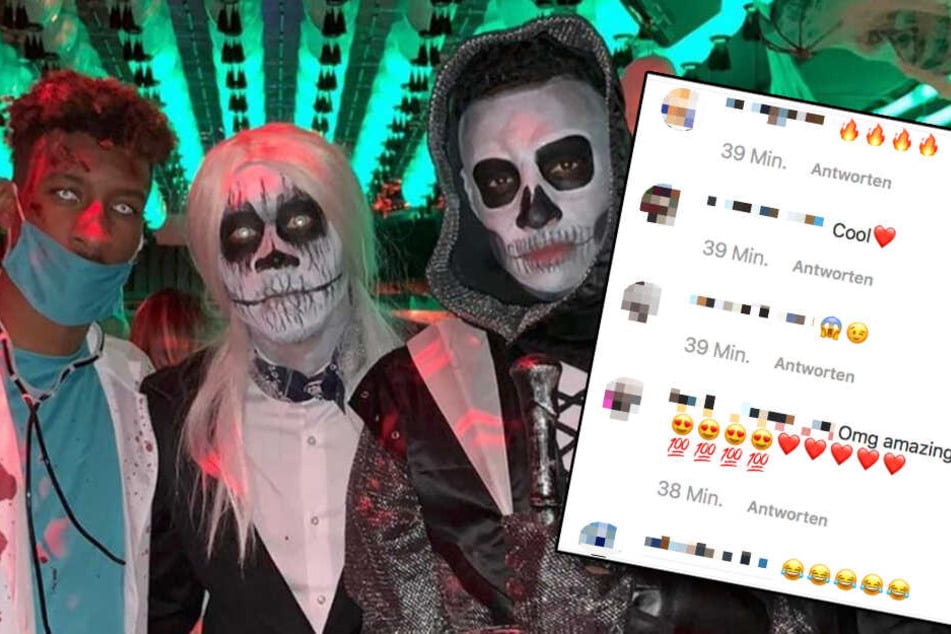 Die Follower feiern es: Coman Kingsley, David Alaba und Corentin Tolisso (v.l.) in Halloween-Laune.