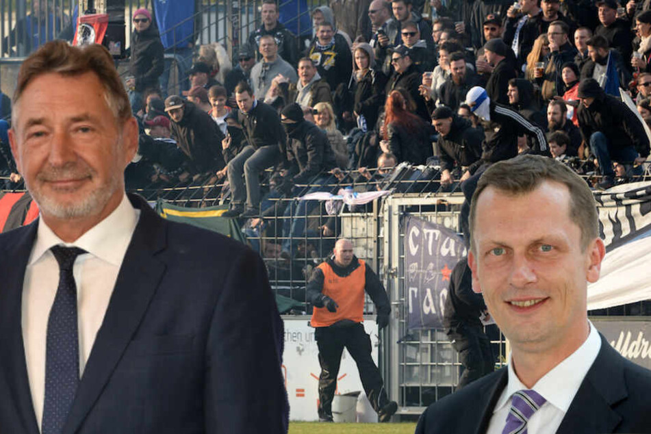 Die beiden Oberbürgermeister Jann Jakobs (li.) und Holger Kelch zeigen Präsenz beim Risiko-Spiel.