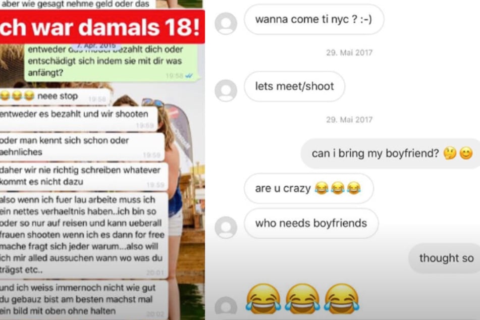 Lola Weippert zeigt in ihrer Story zwei Chatverläufe mit dem Fotografen Timur Emek, aus denen dessen Absichten klar herauskommen. (Fotomontage)