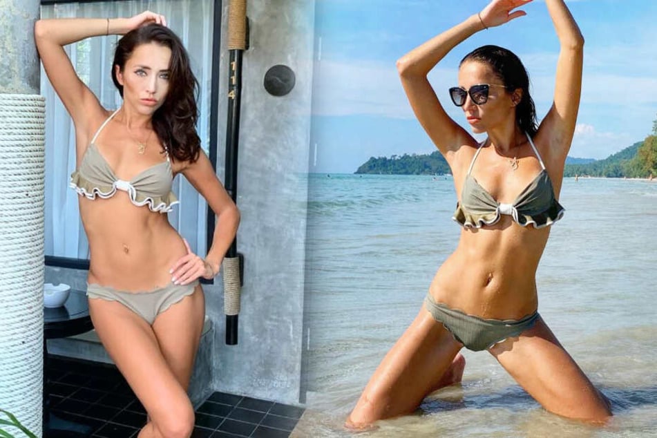 Auch während der Dreharbeiten trug das Model den Bikini (Fotomontage).