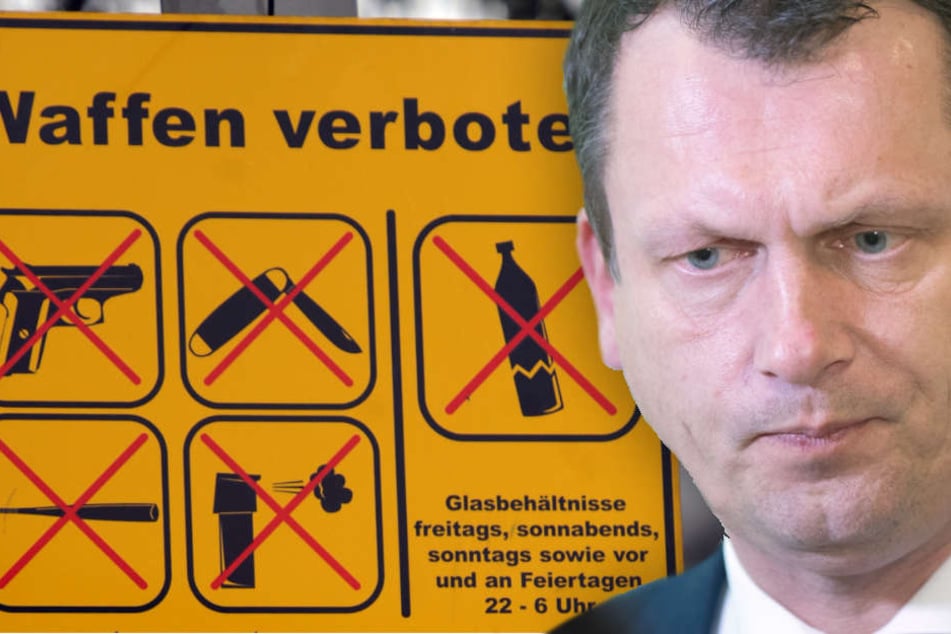 Ein Schild "Waffen verboten" ist am Anfang der Reeperbahn in Hamburg an einem Mast befestigt. Vergleichbare Schilder plant auch Kelch für Cottbus. (Bildmontage)