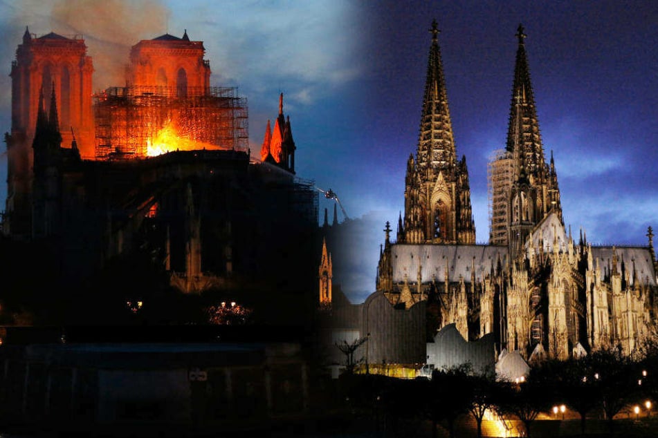 Notre Dame brennt (li.): Kann so etwas auch mit dem Kölner Dom (re.) passieren?