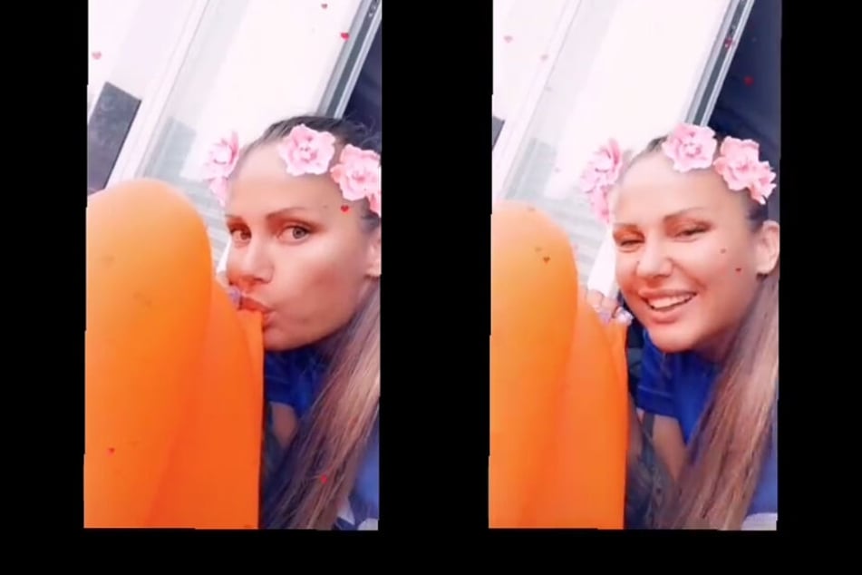 Schwesta Ewa verwöhnt den Nippel eines Gummi-Planschbeckens.