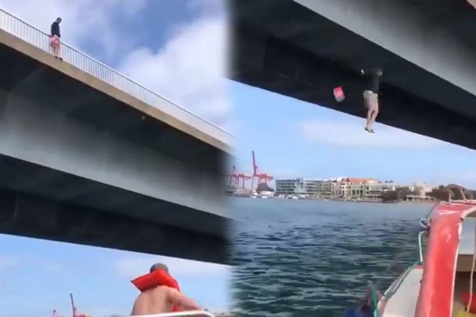 Völlig wahnsinnig: Ein Mann springt von der Brücke und bringt sich selbst damit in Gefahr, nur um seinen Freunden Bier zu bringen.